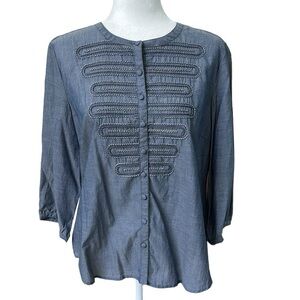 Chico's Chambray Cotton Blue Top Beaded Button Front Chico's 2 US 12 NWT